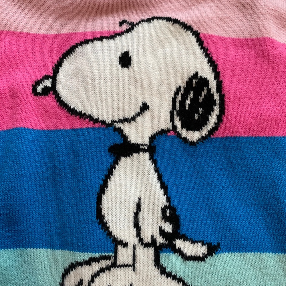 Size: 10, Forever21 sweater, colors: pink/blue/baby blue stripes, snoopy